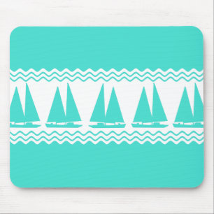 Blue Nautical Sailboat Coastal Stripes Mouse Mat