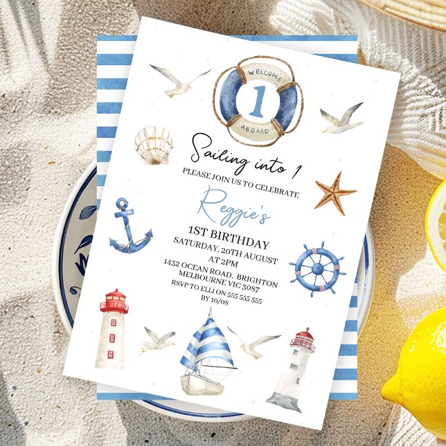 Blue Nautical Sailing into One 1st Birthday Invitation (Nautical Sailing into One 1st Birthday Invite Boy Sailing Boat Party Invitation Printable Blue Red)