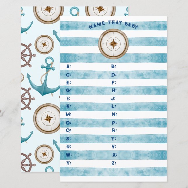 Blue Nautical Sailor Baby Shower Name That Baby (Front/Back)