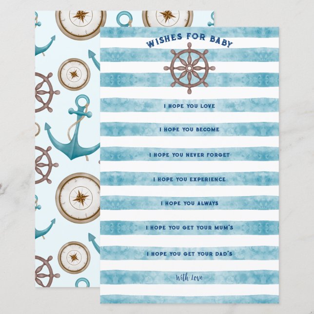 Blue Nautical Sailor Baby Shower Wishes For Baby (Front/Back)