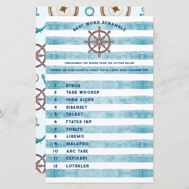 Blue Nautical Sailor Baby Shower Word Scramble (Front/Back)
