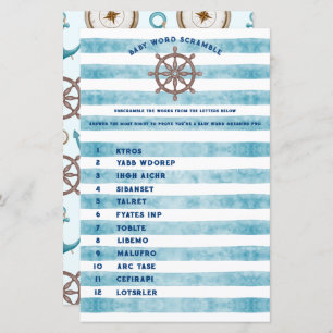 Blue Nautical Sailor Baby Shower Word Scramble