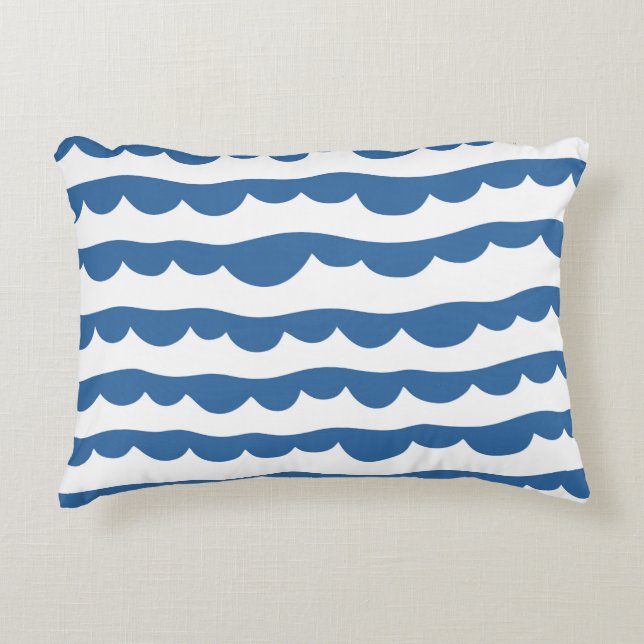 Blue Nautical Scallop Edge Sketch Pattern Decorative Cushion (Front)