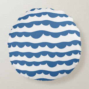 Blue Nautical Scallop Edge Sketch Pattern Round Cushion