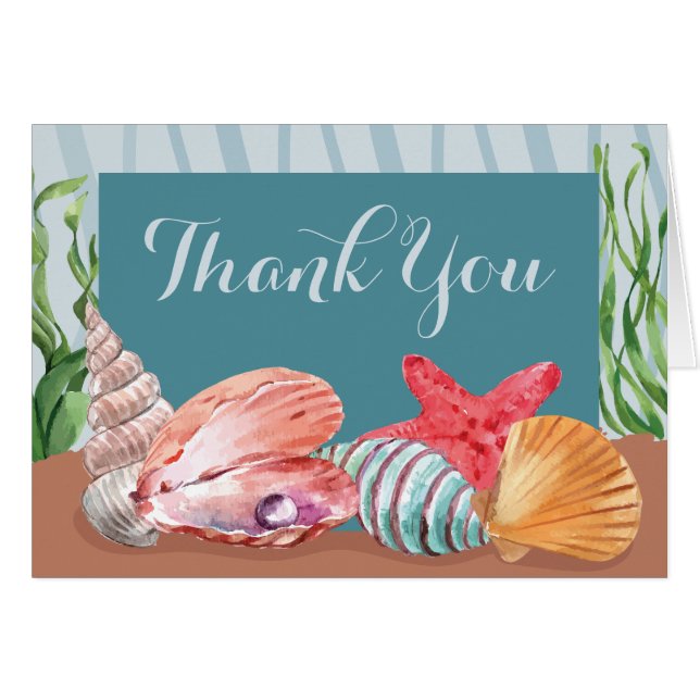 Blue Nautical Seashell Beach Wedding Thank You (Front Horizontal)