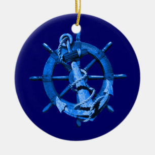 Blue Nautical Ships Wheel And Anchor Ceramic Tree Decoration