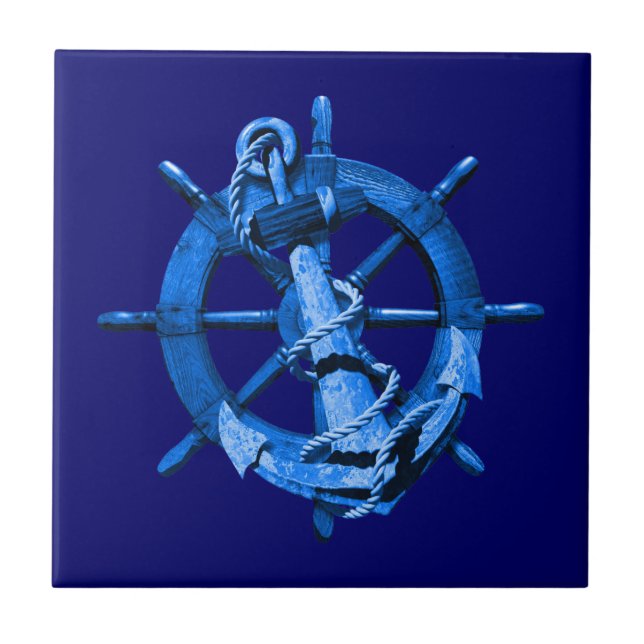 Blue Nautical Ships Wheel And Anchor Tile (Front)