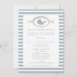Blue Nautical Spouting Whale Striped Baby Shower I Invitation