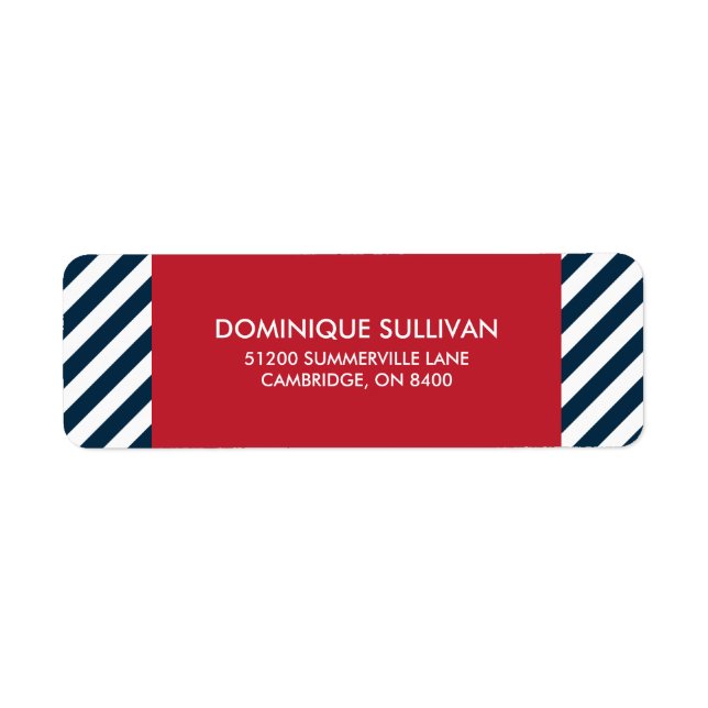 Blue Nautical Stripes Red Wedding Address Label (Front)
