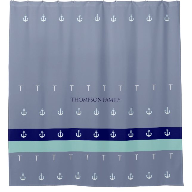 blue & nautical, stylish & personalized sea-themed shower curtain (Front)