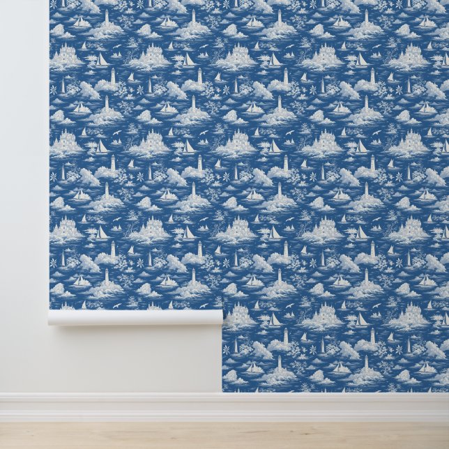 Blue Nautical Toile de Jouy Wallpaper (Application)