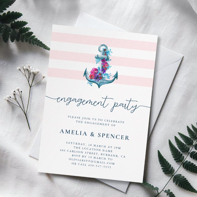 Blue Nautical Watercolor Anchor Engagement Party Invitation (Creator Uploaded)