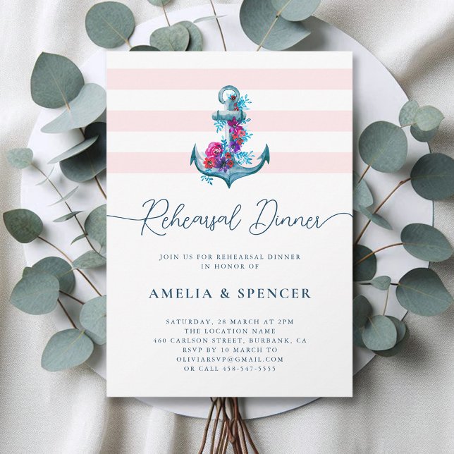 Blue Nautical Watercolor Anchor Rehearsal Dinner Invitation (Creator Uploaded)