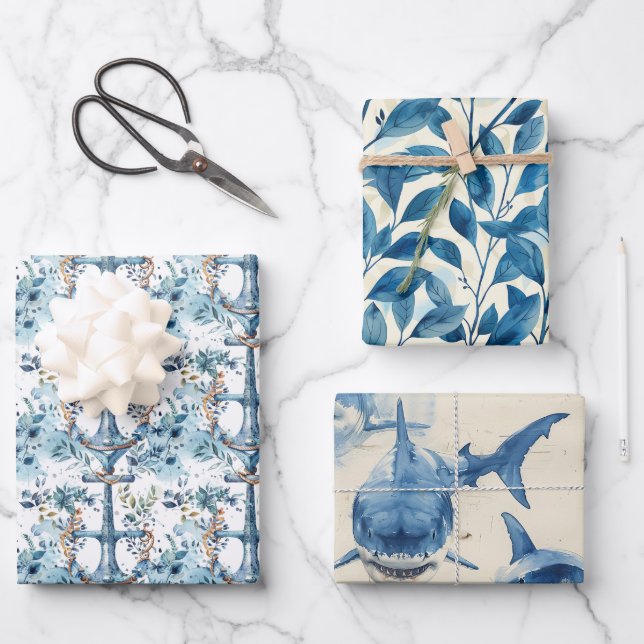 Blue nautical watercolor design wrapping paper sheet (Front)