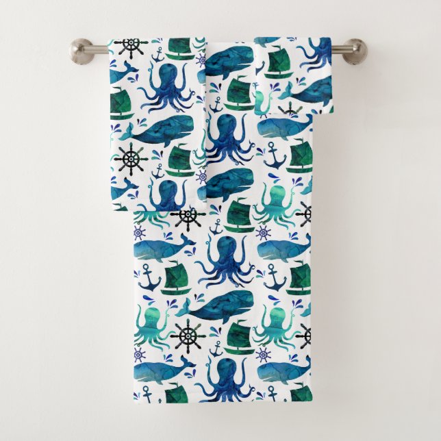 Blue Nautical Watercolor Fish Whale Octopus Marine Bath Towel Set (Insitu)