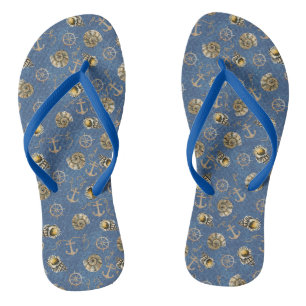 blue nautical watercolor seashells flip flops