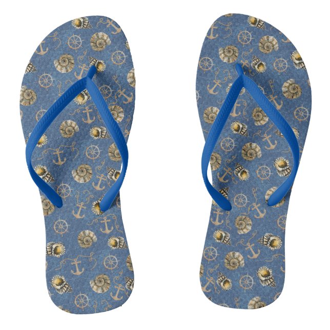 blue nautical watercolor seashells flip flops (Footbed)