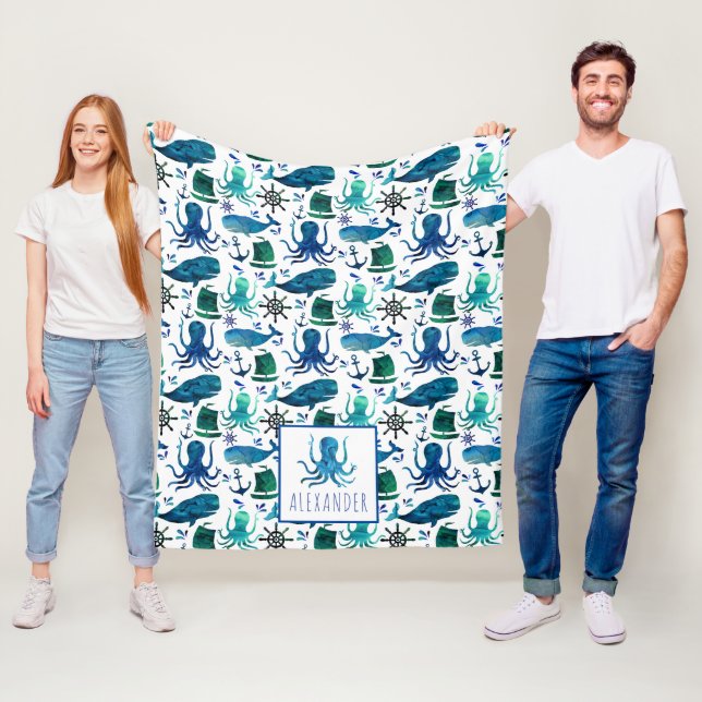 Blue Nautical Watercolor Under The Sea Octopus Fleece Blanket (In Situ)