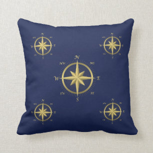 Blue Nautical Wedding Pillows Gold Compass