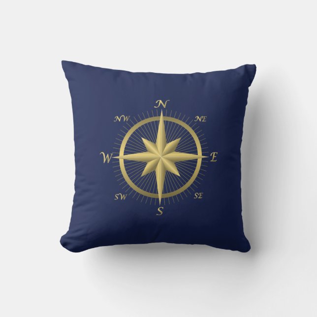 Blue Nautical Wedding Pillows Gold Compass (Front)