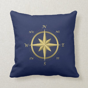 Blue Nautical Wedding Pillows Gold Compass