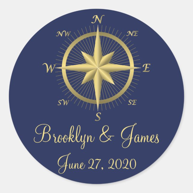 Blue Nautical Wedding Stickers Gold Compass (Front)