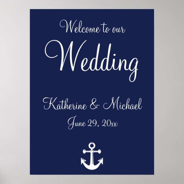 Blue Nautical Wedding Welcome Sign With Anchor (Front)