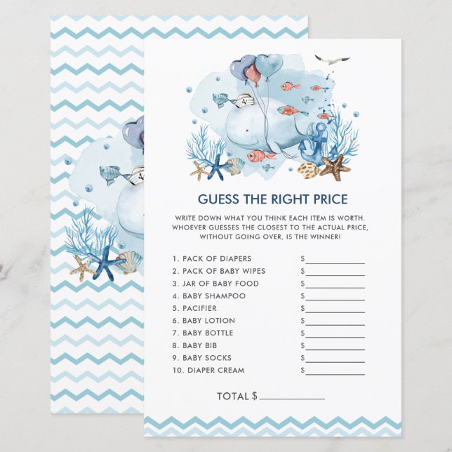 Blue Nautical Whale Baby Guess the Right Price  (Front/Back)