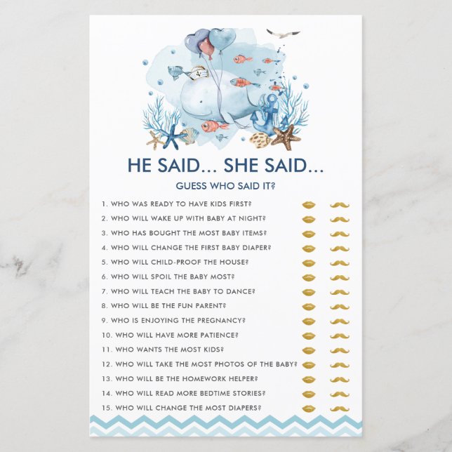 Blue Nautical Whale He Said She Said Game (Front)