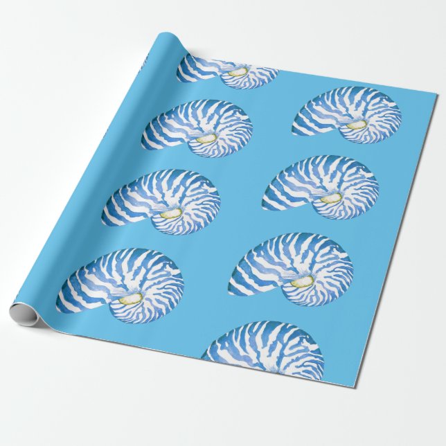 Blue Nautilus Shell Pattern Wrapping Paper (Unrolled)