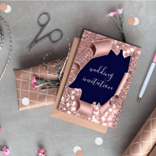 Blue Navy 3D Rose Gold Wedding Glitter Invitation