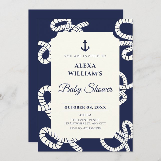 Blue navy anchor baby shower invitation (Front/Back)