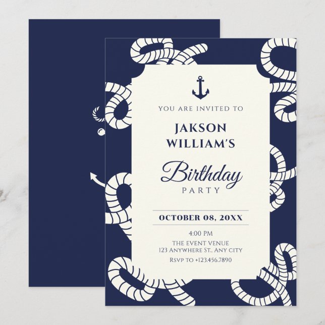 Blue navy anchor birthday invitation (Front/Back)