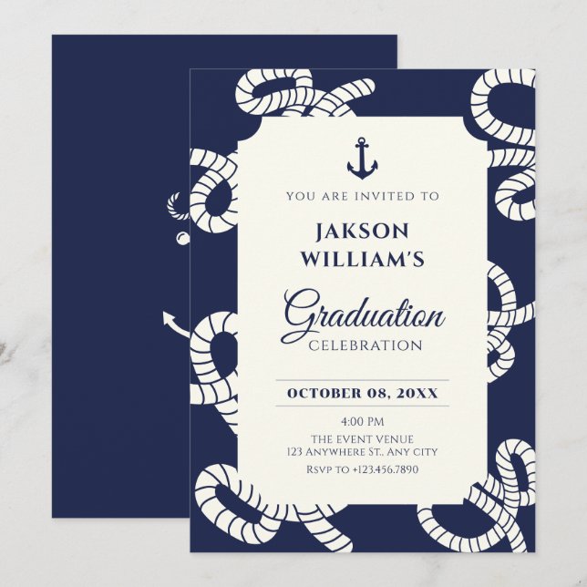Blue navy anchor graduation invitation (Front/Back)