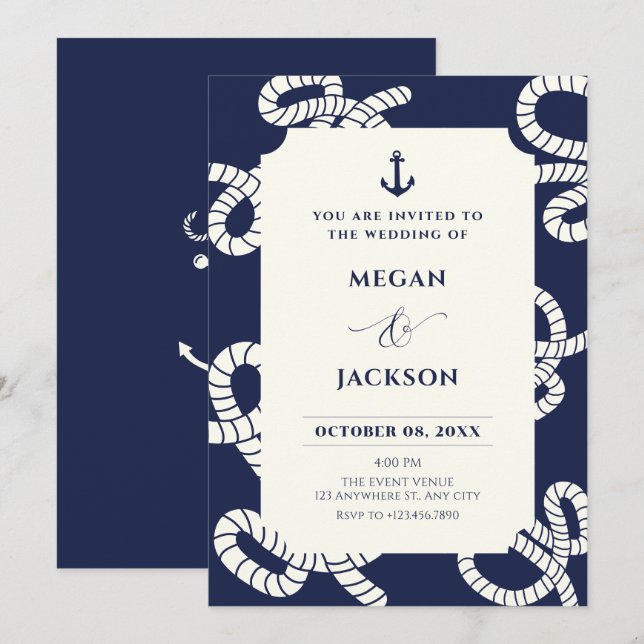 Blue navy anchor wedding  invitation (Front/Back)