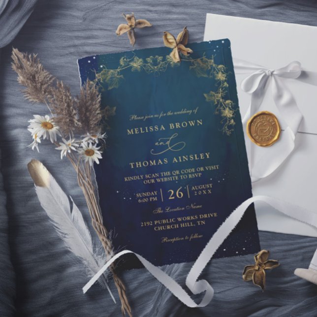 Blue Navy and Green Enchanting QR Code Wedding Invitation (Creator Uploaded)