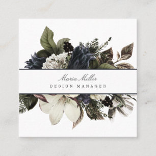Blue Navy and White Christmas Season Winter Floral Square Business Card