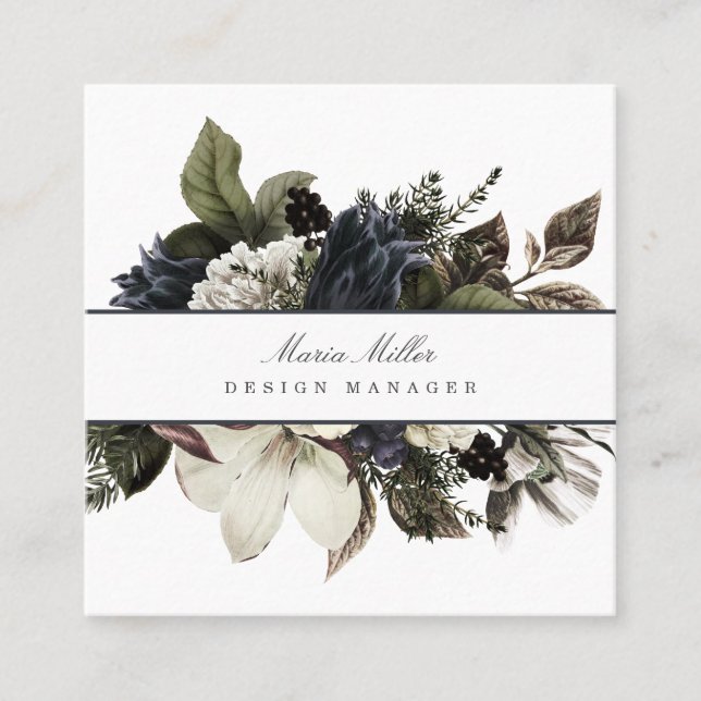 Blue Navy and White Christmas Season Winter Floral Square Business Card (Front)