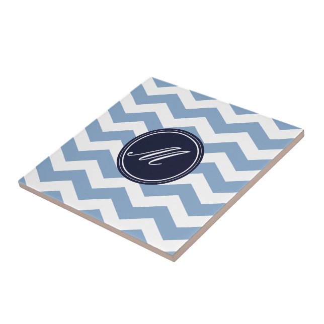 Blue & Navy Blue Chevron with Monogram Tiles (Side)