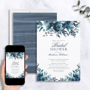 Blue Navy Blue Flowers Rustic Bridal Shower Invitation