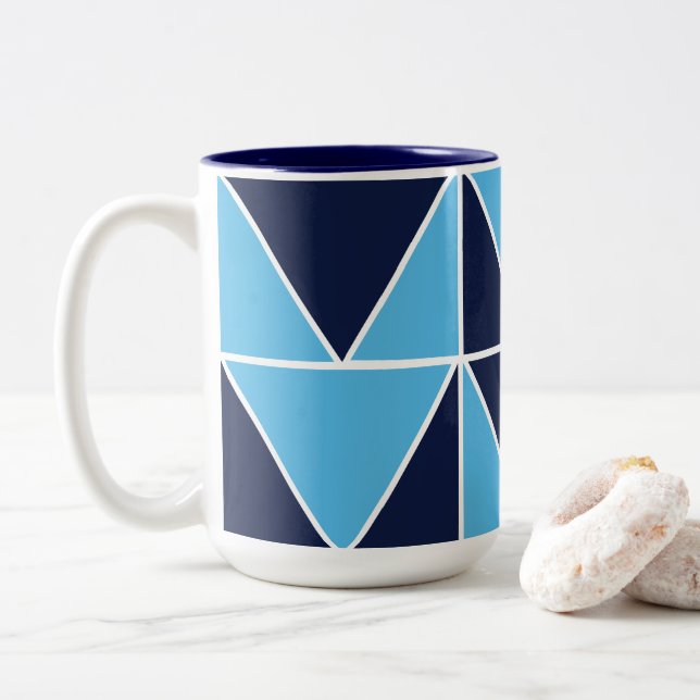 Blue Navy Blue Geometric Triangle  Two-Tone Coffee Mug (With Donut)