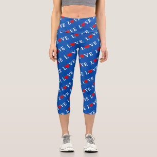 Blue Navy Blue LOVE Elegant Stylish Modern Pattern Capri Leggings