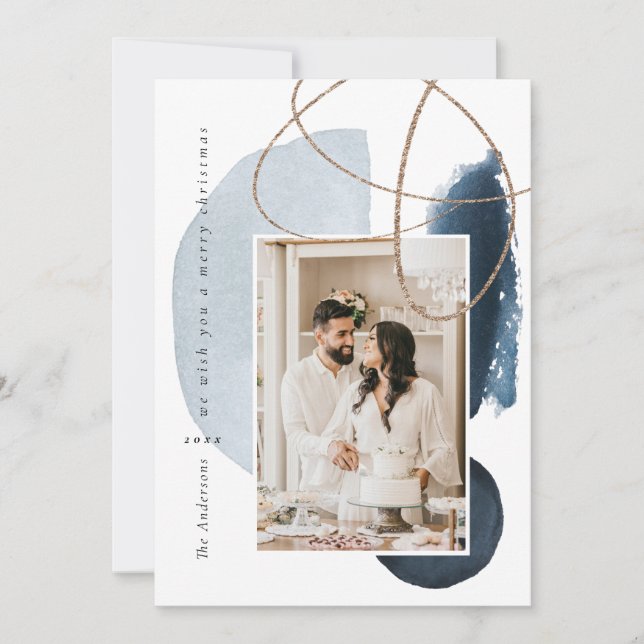 Blue Navy Boho Modern Geometric Photo Holiday Card (Front)