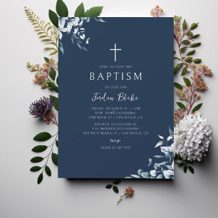 Blue Navy Boy Stylish Baptism Modern Invitation