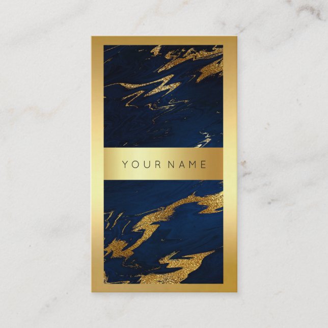 Blue Navy Bright Gold Frame Marble Metal Vertical Business Card (Front)