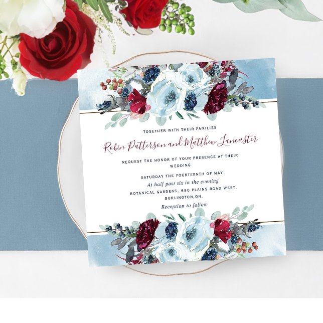 Blue, Navy Burgundy Red and Purple Floral Wedding Invitation (Creator Uploaded)