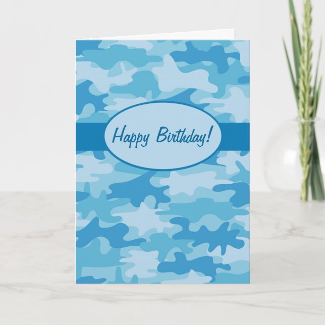 Blue Navy Camo Camouflage Happy Birthday Custom Card (Front)