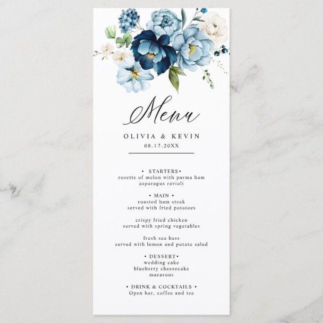 Blue Navy Cream Elegant Retro Floral Wedding  Menu (Front)