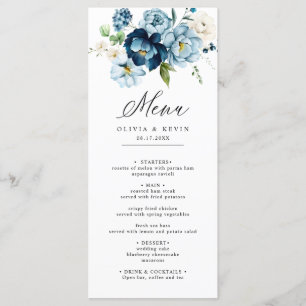 Blue Navy Cream Elegant Retro Floral Wedding  Menu