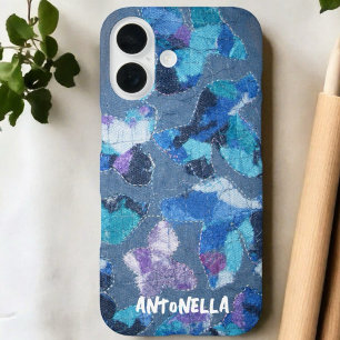 Blue navy cyan purple monogram abstract pattern  iPhone 16 case